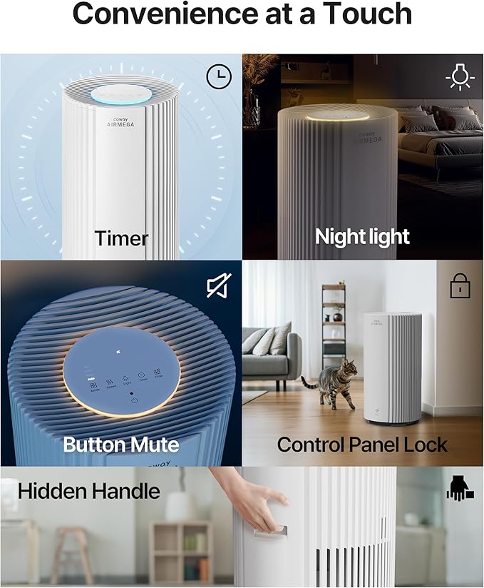 COWAY Air Purifier for Large Room Whole Home Up to 2,640 ft², HEPA Filter for Smoke, Allergen, Pet Dander, Odor, PM 10 AQI, Turbo Eco Mode, Timer, Energy Star, 3yr Warranty, Airmega 350 White