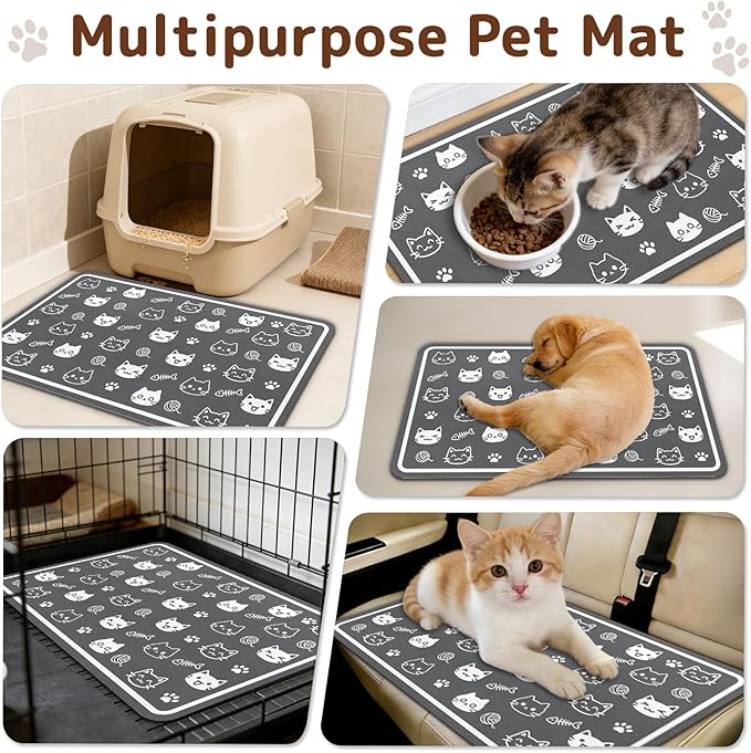 Dog Food Mat for Bowls, Absorbent Quick Dry Dog Cat Mats for Food and Water, Non-Slip Backing Pet Mat Pet Supplies - Cute Cat Pattern