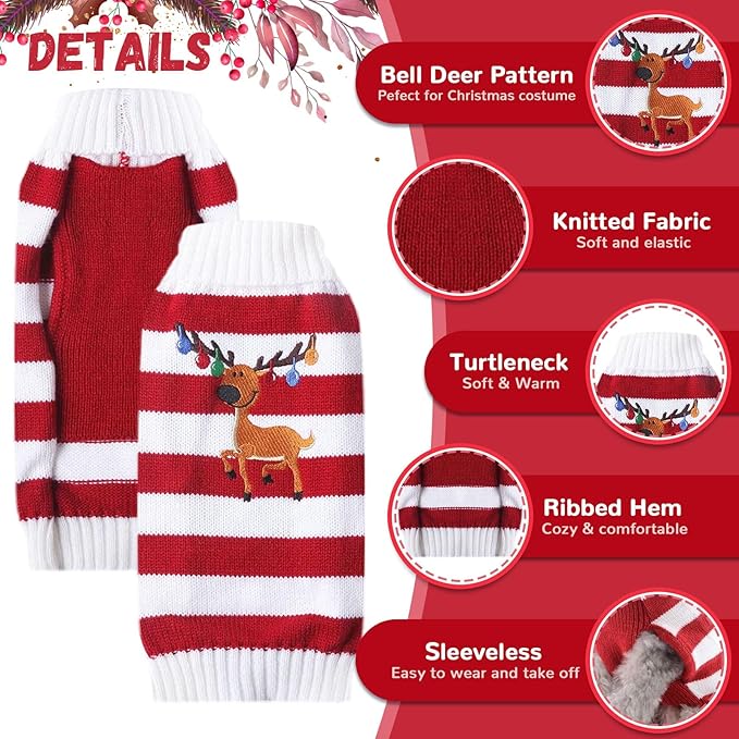 Christmas Dog Sweaters Xmas Pet Outfits Striped Elk Costume Holiday Clothes Gifts Puppy Cat Knitted Jumpers (XL,Red White Stripe Elk)