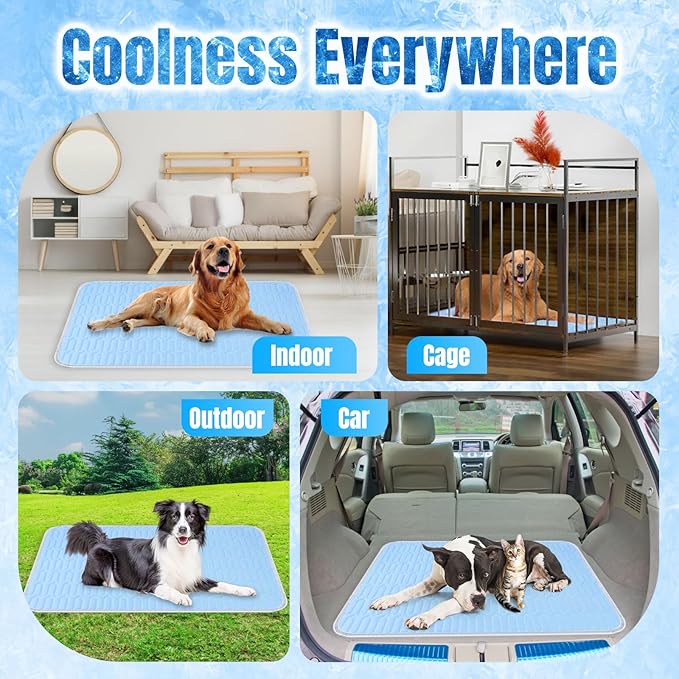 Self Cooling Dog Mat for Large Dogs - Ice Silk Pet Cooling Pad 35"x55" (90x140cm), Machine Washable, Non-Slip for Crate/Car/Floor, Summer Relief Indoor & Outdoor Use (Blue)
