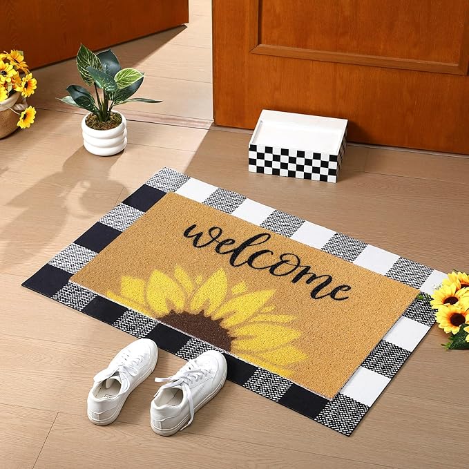 Tinideya 2 Pcs Summer Door Mat Sunflower Welcome Non Slip Coir Mats Floral Buffalo Plaid Floor Layering Doormats for Home Front Door Porch Entryway Decor