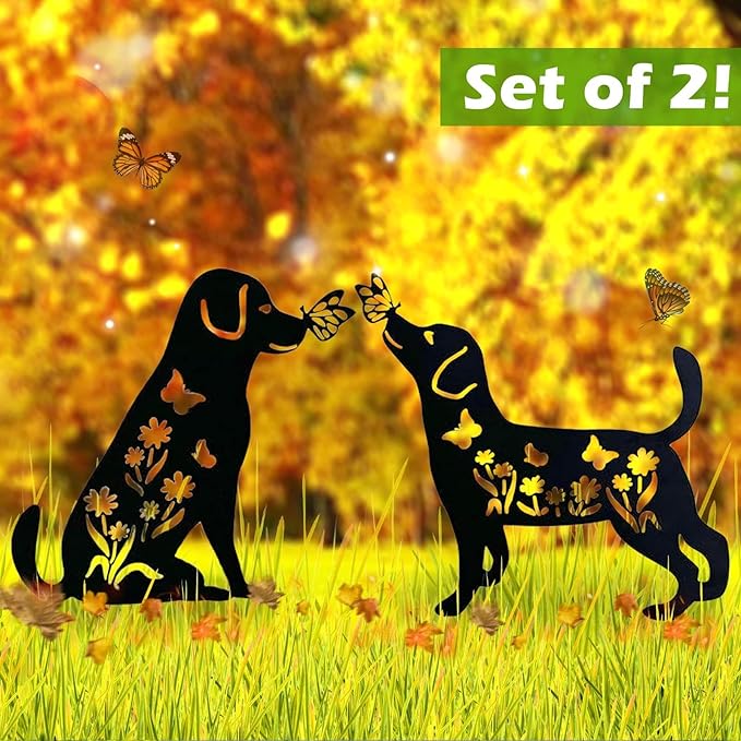 2 Pack Metal Dog Garden Decor for Outside - Unique Dog Statues, Decorative Garden Stakes, Labrador Pet Gifts for Women/Men, Silhouette Yard Art, Ideal for Decorating Backards, (10in)
