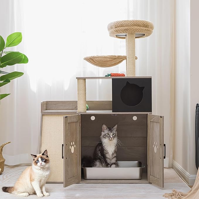 IRONCK Litter Box Enclosure with Cat Tree, 46" Hidden Litter Box with Sisal Scratching Ladder and Storage, Modular Wooden Litter Box Furniture with Condo and Platform, All-in-one Cat Tower, Greige