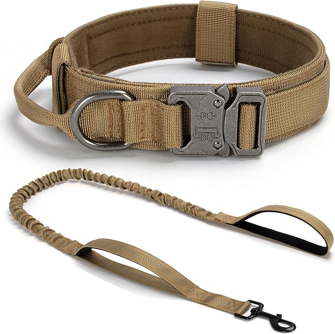 Tactical Dog Collar Set, Adjustable Military Training Nylon Dog Collar with Control Handle and Heavy Quick-Release Metal Buckle for Small Medium Large Dogs, Brown Set M
