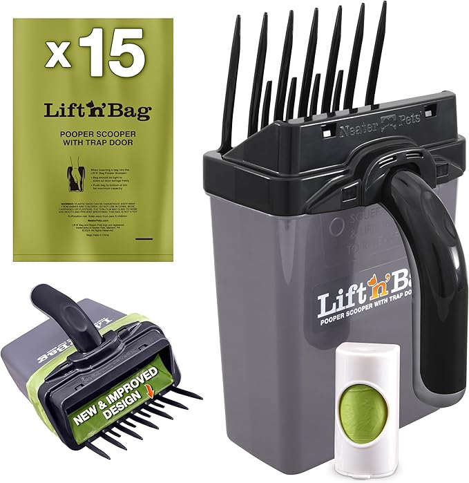 Neater Pet Brands Lift N’ Bag 2.0 Dog Pooper Scooper with Bag Attachment for Small to Large Dogs, New & Improved Design, 15 Refill Bags, Heavy Duty Dog Poop Scooper for Yard & Walks, One-Hand Use