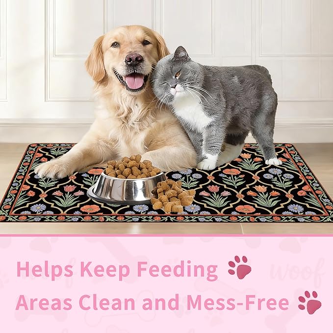 Pet Feeding Mat 24 x 16 Inch, Black Floral Pet Placemat Absorbent Quick-Dry for Food and Water, Waterproof Non Slip Rubber Bowl Pad Mat for Floors