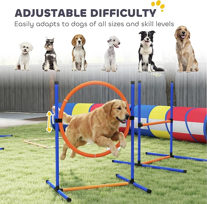 PawHut Dog Agility Training Equipment, 12-Piece Dog Obstacle Course with Adjustable Hurdle & Ring, 4 Tunnels, Weave Poles, Pause Box, Treat Bag, Bowl and Carrying Bag for Indoor Outdoor Use