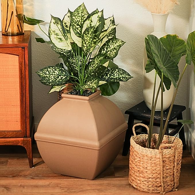 Good Pet Stuff Hidden Litter Box Planter, Decorative Cat Litter Enclosure with Carbon Filter, Artificial Plant, Easy Clean, Indoor Design, Courtyard Square Style, Base Kit, Mocha Brown