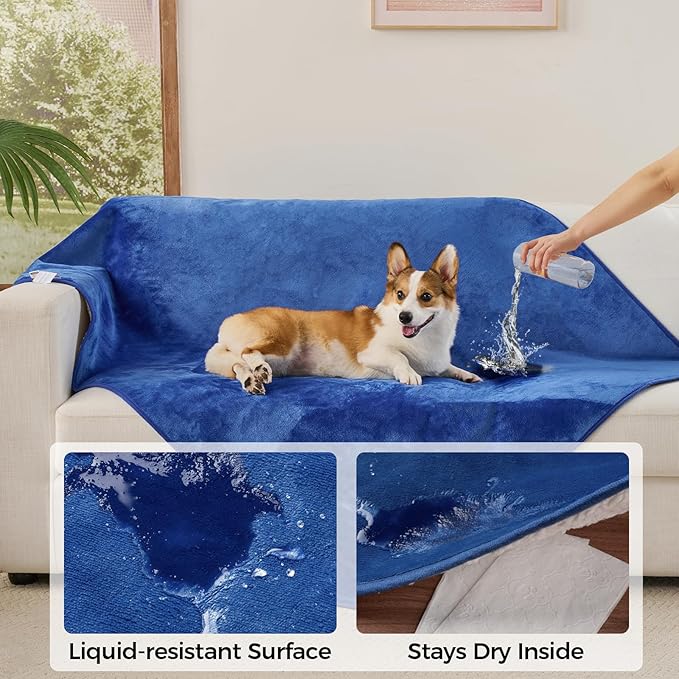 Sunheir Waterproof Blanket for King Size Bed - 108"x86" Soft Reversible Sherpa Fleece Flannel Dog Blankets for Large Dogs, Pet Blanket for Bed, Couch, Soft Plush Furniture Protector, Blue