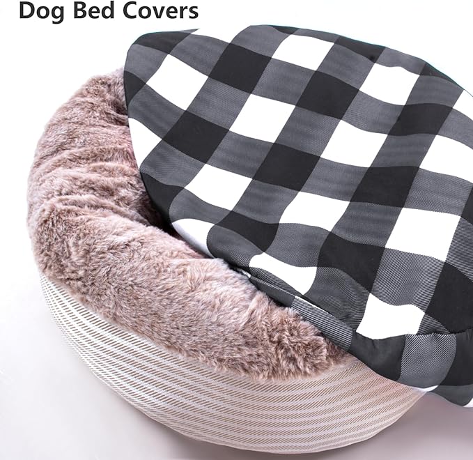Round Dog Bed Cover Washable Elastic Edged Pet Bed Protector with Black Lattice Pattern Design for Medium & Small Pet Beds, Cover Only (Lattice, 20×9.8 Inch)