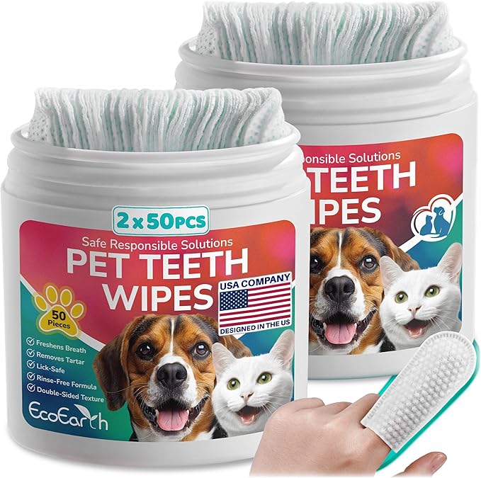 Premium Teeth Cleaning Wipes for Dogs & Cats - 100 Pcs - Pet Dental Care Finger Pads for Fresh Breath & Oral Hygiene - Embossed Pattern & Nano Plastic-Dotting to Remove Plaque & Tartar