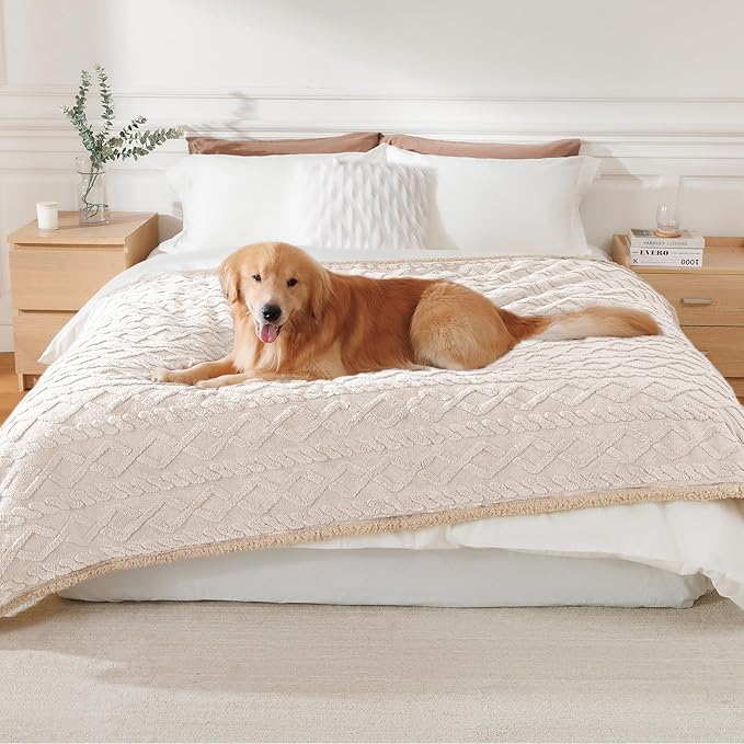 Luciphia Waterproof Pet Blanket, Liquid Pee Proof Dog Blankets for Sofa Bed Couch, Reversible Sherpa Fleece Furniture Protector Cover for Small Medium Large Dogs Cats,Beige-Thicken X-Large（85" x 57"）