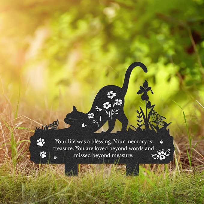 Grave Markers for Cemetery for Cat, Metal Grave Markers Yard Memorial Pet, Decorations for Cemetery for Loss of Cat Outdoors Garden Stake Decor (12 X 14.5 Inches)