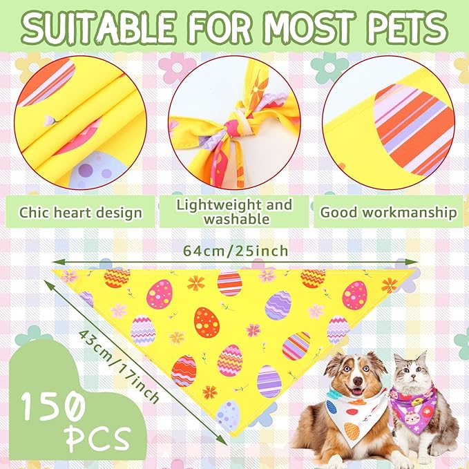 150 Pcs Easter Dog Bandanas Bulk Pet Bibs Colorful Triangle Scarf Pet Bandanas for Medium Large Dogs Easter Festival Spring Summer Birthday Costume Decor