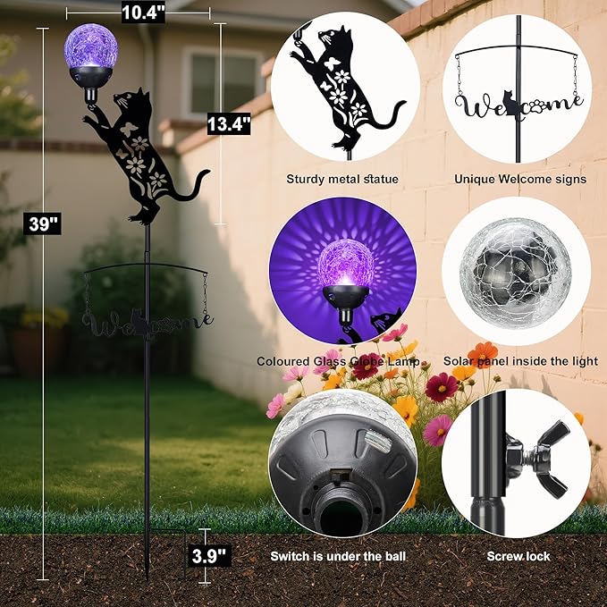 Cat Solar Lights Outdoor Garden Decor,40” Black Cat Stake with Color Changing Crackle Glass Ball Light,Metal Cat Silhouette Welcome Sign for Yard,Lawn,Pathway,Patio,Unique Gift Ideas