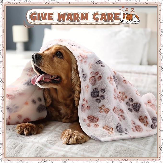Tegeme 12 Pcs Pet Blankets Soft Fluffy Fleece Dog Cat Warm Paw Print Pattern Blankets Flannel Throw for Pets Dog Puppy Cat(30 x 20 Inch,Dark Gray, White, Camel)