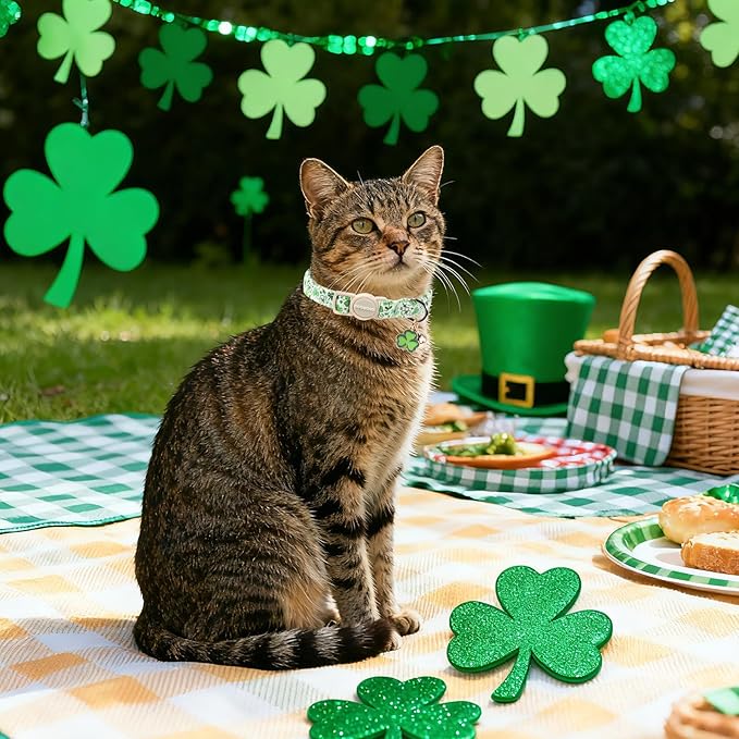 2 Pack St. Patrick's Day Cat Collars, DOGWONG Spring Green Shamrock Cat Collars with Safety Buckle for Cats