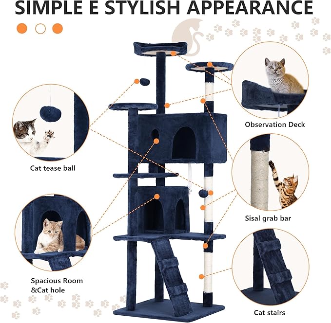 70 Inch Navy Blue Cat Tree, Tall Cat Tower with 2 Condos, 3 Scratching Posts, Multi-Level Platforms - Sturdy Climbing Structure Tall Cat Tower for Indoor Cats