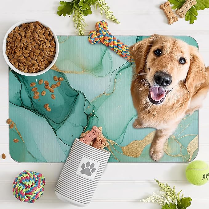Marble Dog Food Mat for Floors,Green Gold Flowing Marble Absorbent Quick-Dry Pet Feeding Mat,Cat Dog Bowl Mats for Food and Water,Non-Slip Pet Accessories Supplies 12"x20"