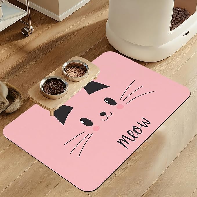Pink Cat Meow Dog Food Mat–Christmas Stocking Absorbent Quick Dry Feeding Placemat for Food and Water Bowls, Non Slip Rubber Backing, Waterproof Pet Supplies for Mess-Free Eating 16"x24"