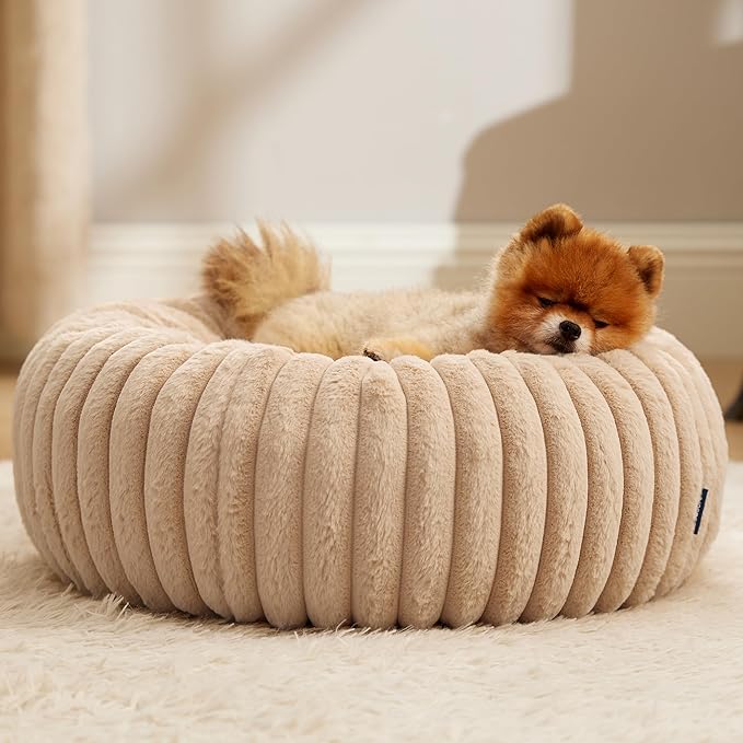 Bedsure ComfyFleece™ Donut Small Dog Bed - Dog Beds for Small Dogs with Corduroy Fleece & Anti Slip Bottom, Round Faux Fur Pet Beds with Washable Removable Cover, Sandy Beige, 23x23x7 inches