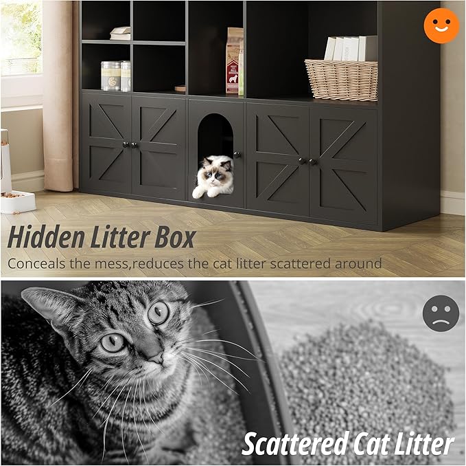 IRONCK Cat Litter Box Enclosure for 2 Cats, Litter Box Furniture Hidden with Double Room and Large Storage Space, Wooden Washroom Furniture, Cat House, Black