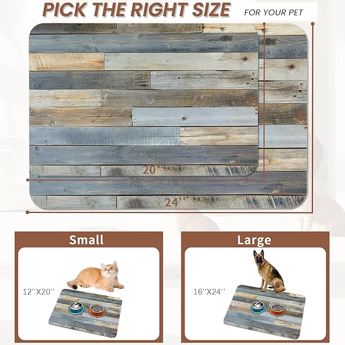 Vintage Barn Wooden Dog Cat Food Mat,Rustic Wood GrainAbsorbent Pet Feeding Mat for Food and Water,Non-Slip Dog Bowl Mats Floor Protector 12"x20"