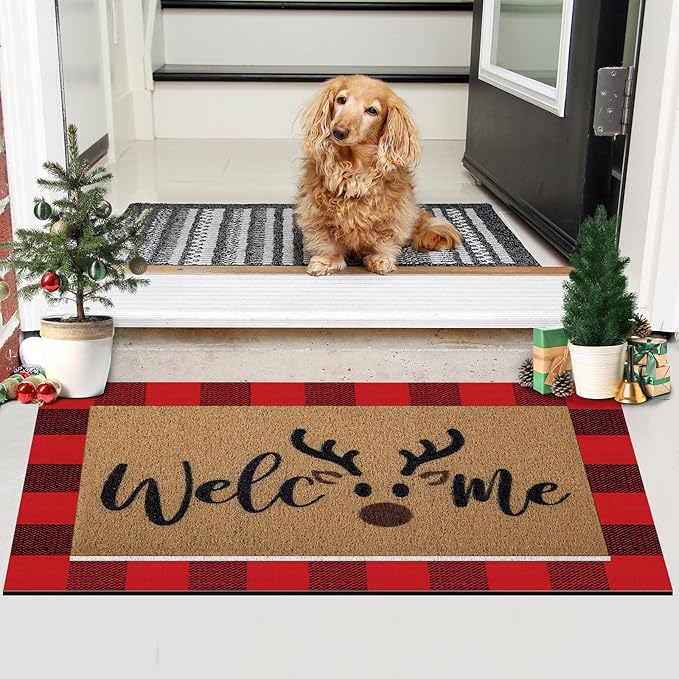 Tinideya 2 Pcs Door Mat Welcome Non Slip Coir Mats Floor Layering Doormats Seasonal for Front Porch Entryway Decor(Brown Elk)