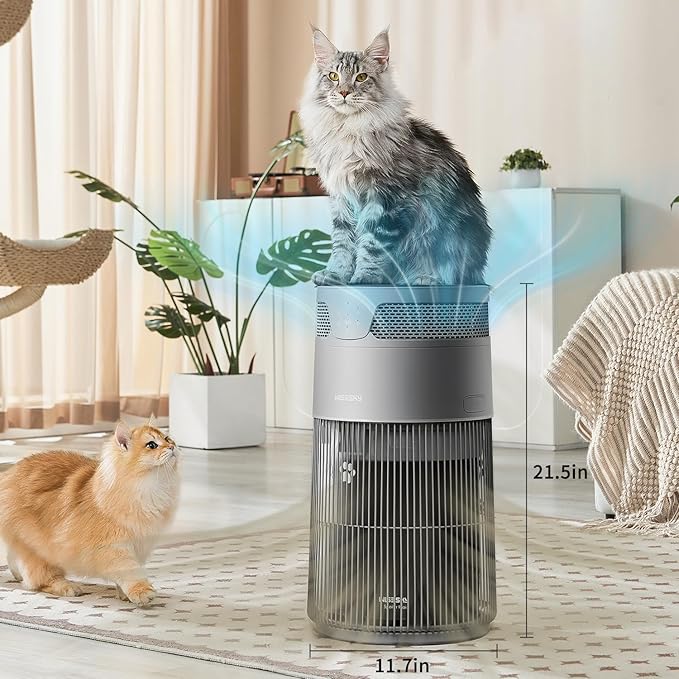 WiseSky Pet Air Purifier for Cat Owners, High-Efficiency Air Purifier for Cat Hair Dander Smoke Litter Odor in Large 1644 Sq Ft Room, 360° HEPA Filtration, Smart App, Quiet Pet-Friendly Design, Grey