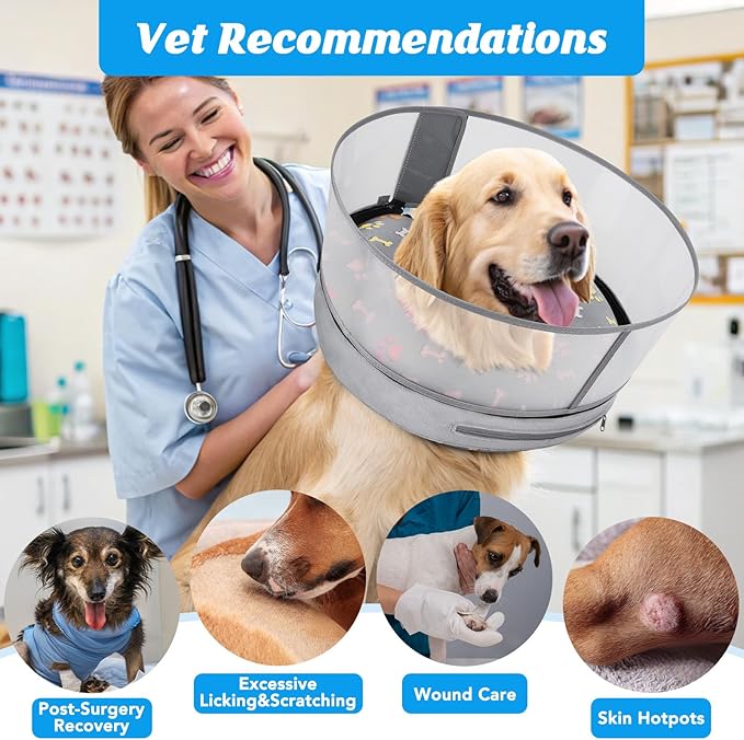 Inflatable Dog Cone with Anti-Licking Clear Shield, Protective Dog Donut Collar After Surgery, Adjustable Soft Recovery Cone for Pets, Alternative Collar with Buckle Strap (Grey Paw, L)