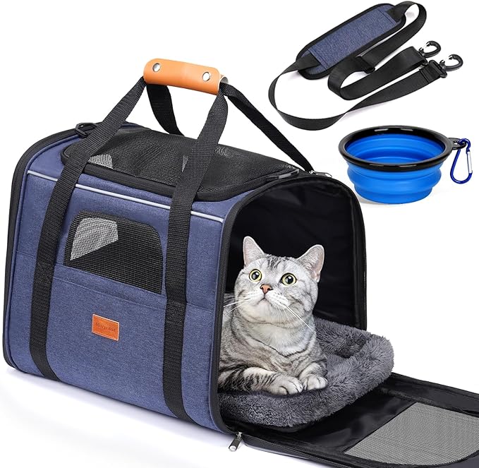 Morpilot Cat Carrier - Soft Sided Cat Carrier Large for Big Medium Cats and Puppy up to 18lbs, Pet Carrier with Safety Zippers, Foldable Bowl, Airline Approved Large Dog Carrier - Dark Blue