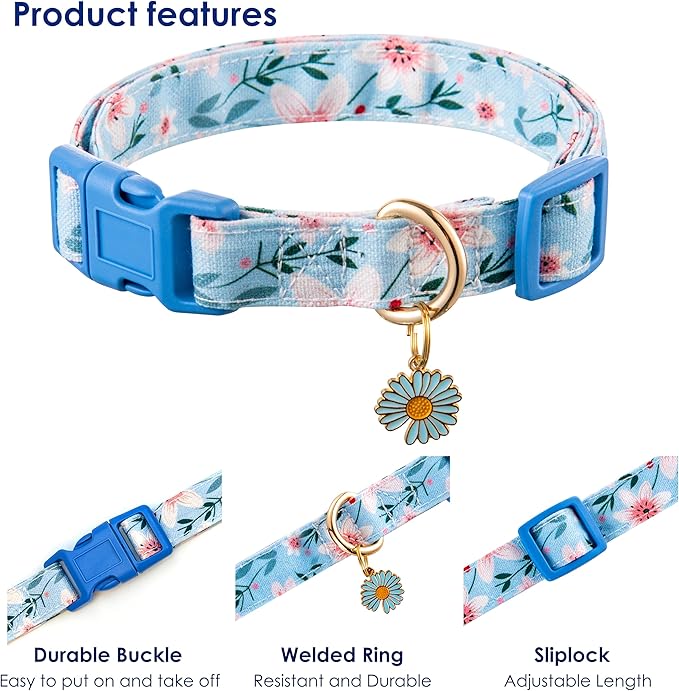 Cotton Dog Collar Blue Flower Pattern for Boys and Girls Cute Dog Collars Summer Fall Gift Adjustable for Medium to X-Large Breed Dogs (L)