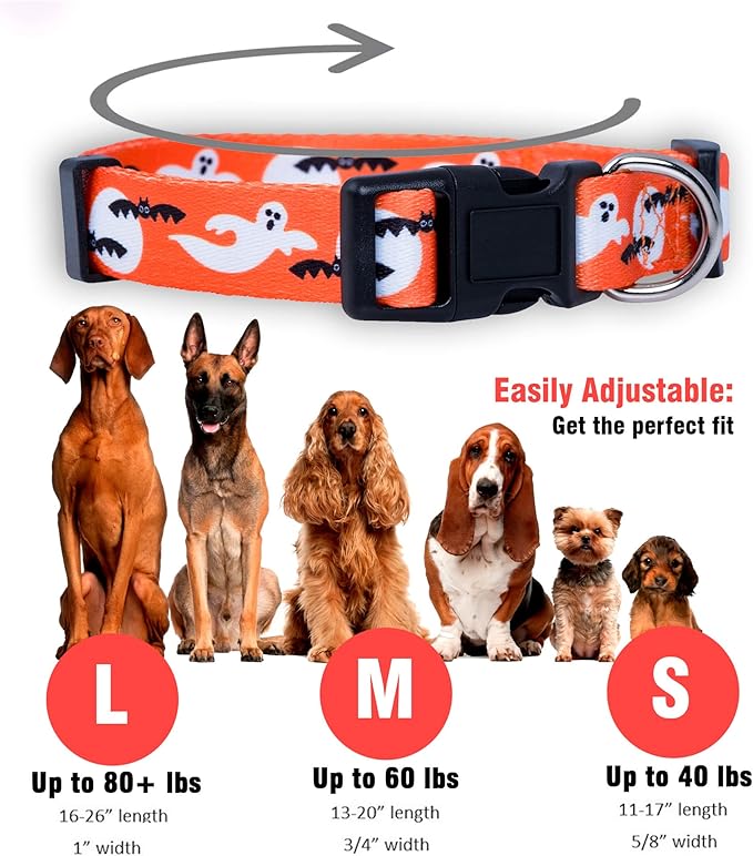 Native Pup Halloween Dog Collar- Spooky Fall Themed Horror Costume Collars- Skull, Pumpkin, Ghost, Bat, Witch, Candy Corn, Spider- Adjustable for Small, Medium, Large Breeds (Large, Ghosts)