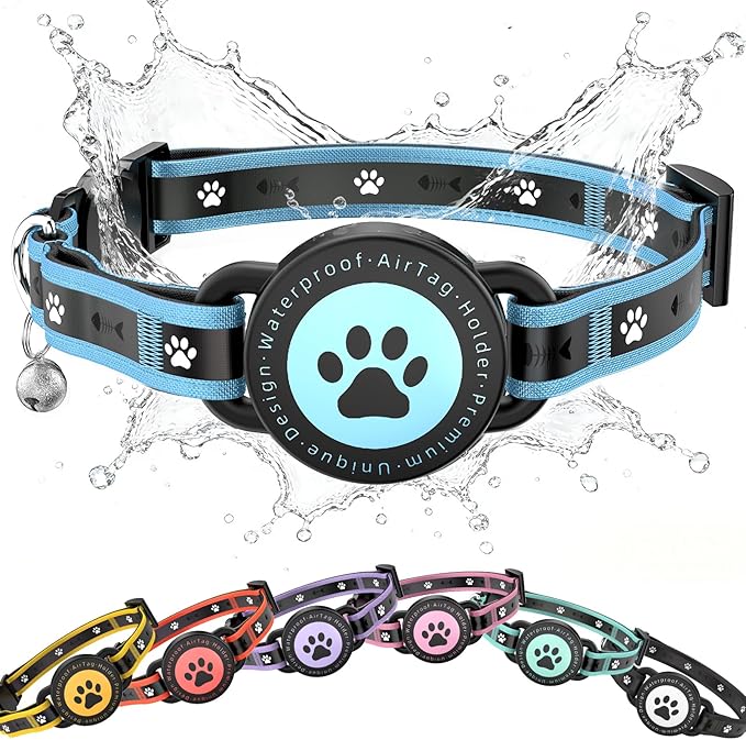 Airtag Cat Collar Breakaway, Reflective Cat Collar with AirTag Holder and Bell, Compatible with Apple Air Tag, Comfortable Padding, Adjustable, Durable (Blue, S)
