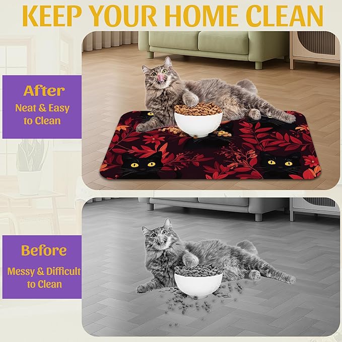 Black Cat Forest Pet Feeding Mat, Fast-Dry Absorbent Dog and Cat Bowl Mat, Waterproof Non-Slip Base for Messy Eaters, Indoor Pet Accessories – 16x24 Inch