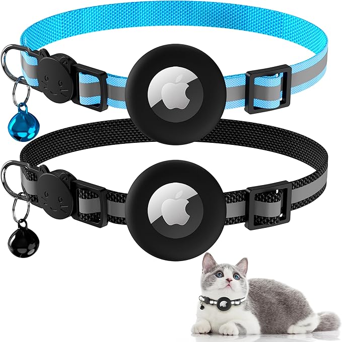 Vanjua 2 Pack Airtag Cat Collar Breakaway with Bell, Reflective Kitten Collar with Air Tag Cat Collar Holder Case for Girl Boy Cats, Pet Supplies Accessories (Black A+Blue A)