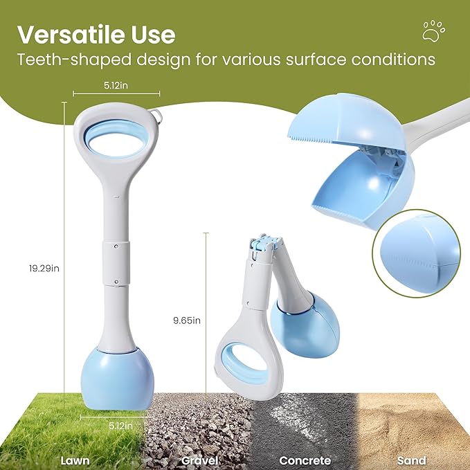 Dog Pooper Scooper Portable with Bag Attachment, One Handed Foldable Design, Includes 120 Waste Bags and Dispenser, 19 Inch Handle for Grass Yard Gravel Cleanup (Blue)