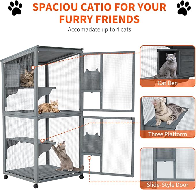 69-Inch Catio, Wooden Cat Enclosure, 4-Tier Cat House w/Waterproof Roof, Removable Tray, Nesting Box and Lockable Caster, Indoor and Outdoor Use, Easy to Clean, Multiple Accesses, Grey