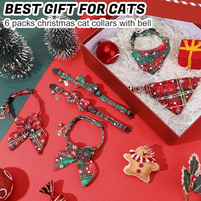6 Pack Christmas Cat Collar with Bow Tie Bandana and Bell, Breakaway Adjustable Cat Bow Tie Collars, Xmas Accessories for Kittens Or Certain Puppies