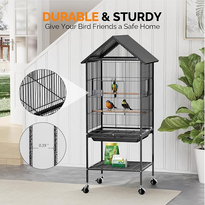 VINGLI Bird Cage with Rolling Stand for Parrots, Cockatiels, Budgies, Lovebirds, Small/Medium Birds (50" H with Spire Roof)
