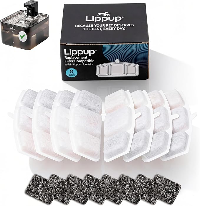 Replacement Filters for Cat Water Fountain – 8 Filters + 8 Sponges – 5-Stage Filtration System for Clean, Fresh Water – Fits LIPPUP P13 Fountain