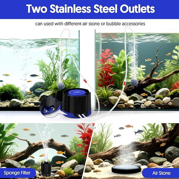 QZQ Aquarium Air Pump, Quiet Fish Tank Air Pump with Dual Outlets, 3W/5W Powerful Adjustable Oxygen Pump with Accessories, Aquarium Bubbler Aerator for Fish Tank Up to 120 Gallon (5W)