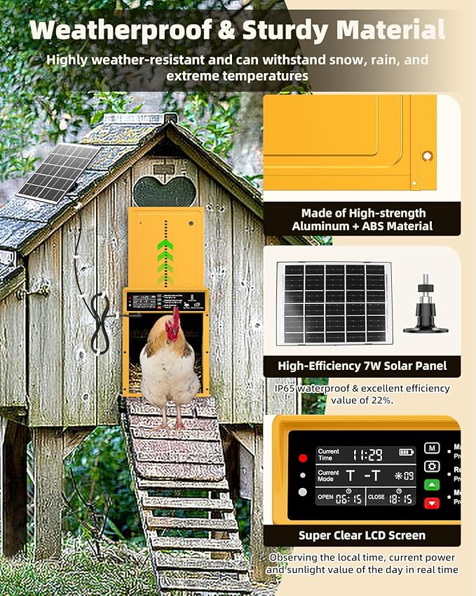 2025 Upgrade 7W Solar Power Chicken Door, Pet Deluxe Automatic Chicken Coop Door with 10PCS Wire Clip, Timer, Light Sensor, LCD Display & Anti-Pinch Durable Aluminum Auto Coop Door with 4 Modes-Gold
