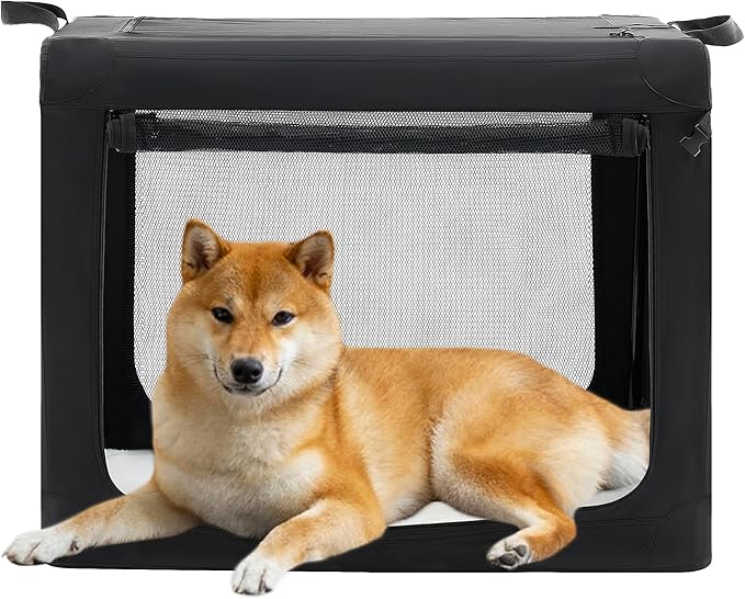 Dog Travel Crate 30 Inch, Portable Soft-Sided Travel Carriers for Dogs and Cats, Foldable Pet Kennel with 3-Doors Mesh Windows Indoor & Outdoor, Black