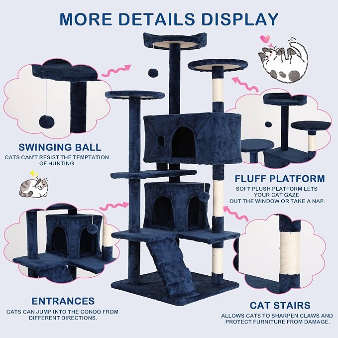 Heavy Duty Cat Tree Tower, 54" Tall Cat Tower for Indoor Cats with Cat Scratching Post with Bed, Cat Condo, Hanging Ball, Multi-Level Cat Climbing Tower Cat Trees Furniture Activity Center, Navy Blue
