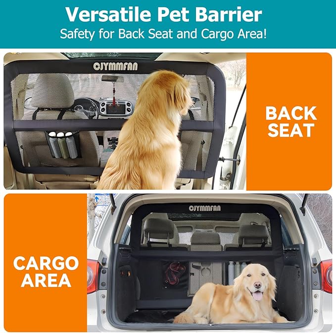 Dog Barrier for Car Back Seat & Cargo Area with Wider Coverage, Universal Fit for Cars, SUVs & Sedans, Dog Car Gate Divider with Chew-Proof Transparent Net and Sturdy Metal Frame for Backseat & Trunk