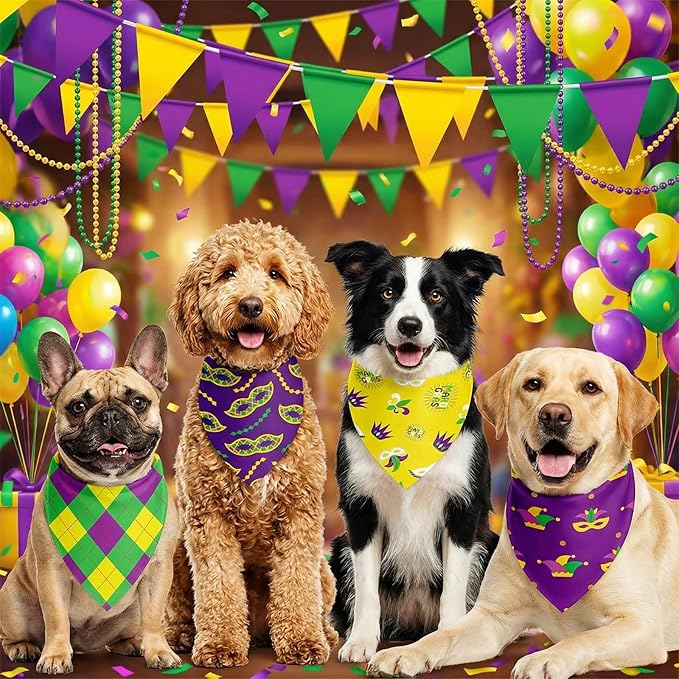 Abbylike 50 Pcs Mardi Gras Dog Bandanas Bulk Purple Green and Gold Bandanas for Dogs Triangle Kerchief Bibs Scarf Set for Pet Carnival Costume Photo Props Accessories Shops (25.6 x 17.7 x 17.7)
