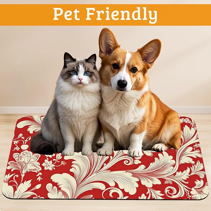 Red White Flower Feeding Mat,Paisley Absorbent Quick-Dry Cat Dog Food and Water Bowl Mats,Non-Slip Rubber Backing Mat,Cat Dog Accessories Supplies 12" x 20"