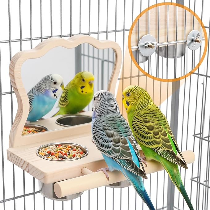 Feeder with Acrylic Mirror & Stainless Steel Bowls, Natural Wood Perch, Cage Accessories, Parakeet Cage Accessories, Tool-Free Adjustable Supplies for Parakeet Cockatiel Lovebird