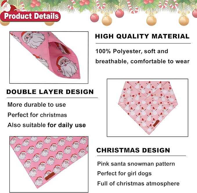 ADOGGYGO Pink Christmas Dog Bandanas 2 Pack, Reversible Santa Snowman Xmas Scarf Bib, Adjustable Fit Pink Christmas Bandana for Small Dogs Girl (Small)